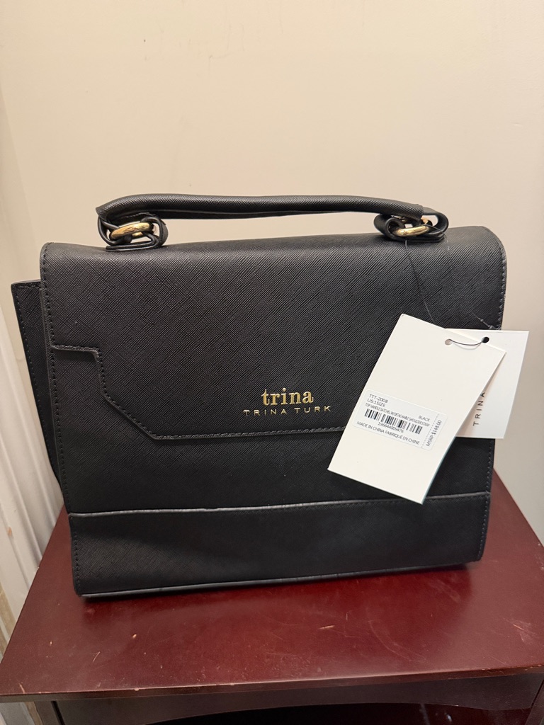 Trina Turk Black Top-Handle Satchel With Gold Logo & Cross Body Strap